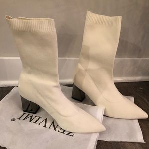 Brand New! Ivory Sock Boots with Silver Heel